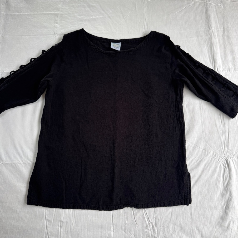 Drawstrings of Malibu Womens Black Cotton Ladder Cutout Sleeve‎ Top L